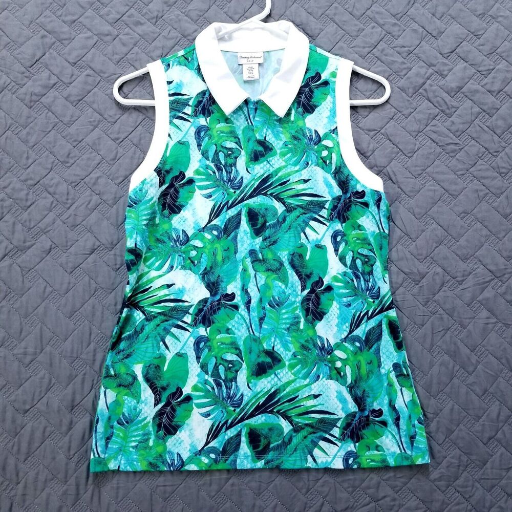 Tommy Bahama Top Womens Medium Green Palm Floral Golf Sleeveless 1/4 Zip Collar‎